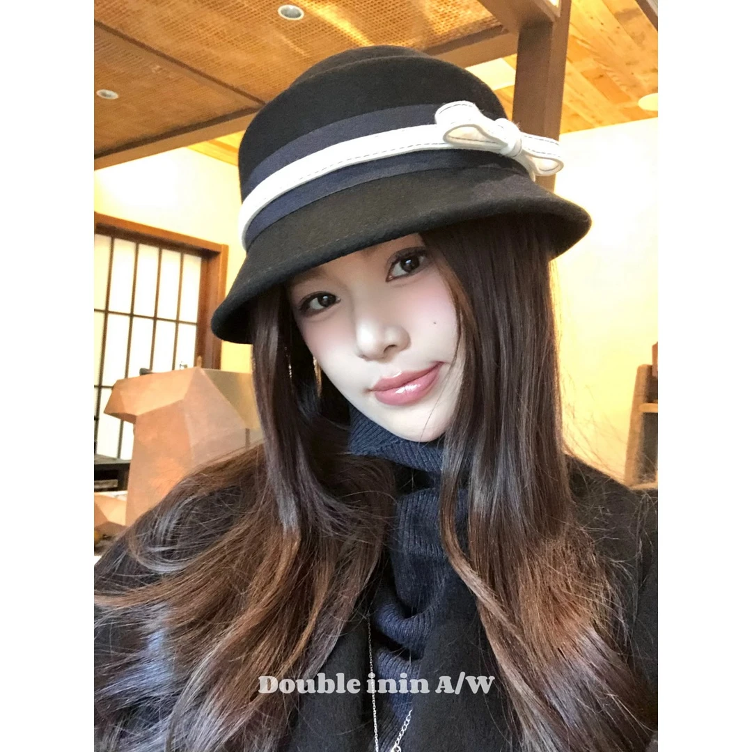 Double inin 赫本风蝴蝶结礼帽女秋冬法式千金渔夫帽复古盆帽