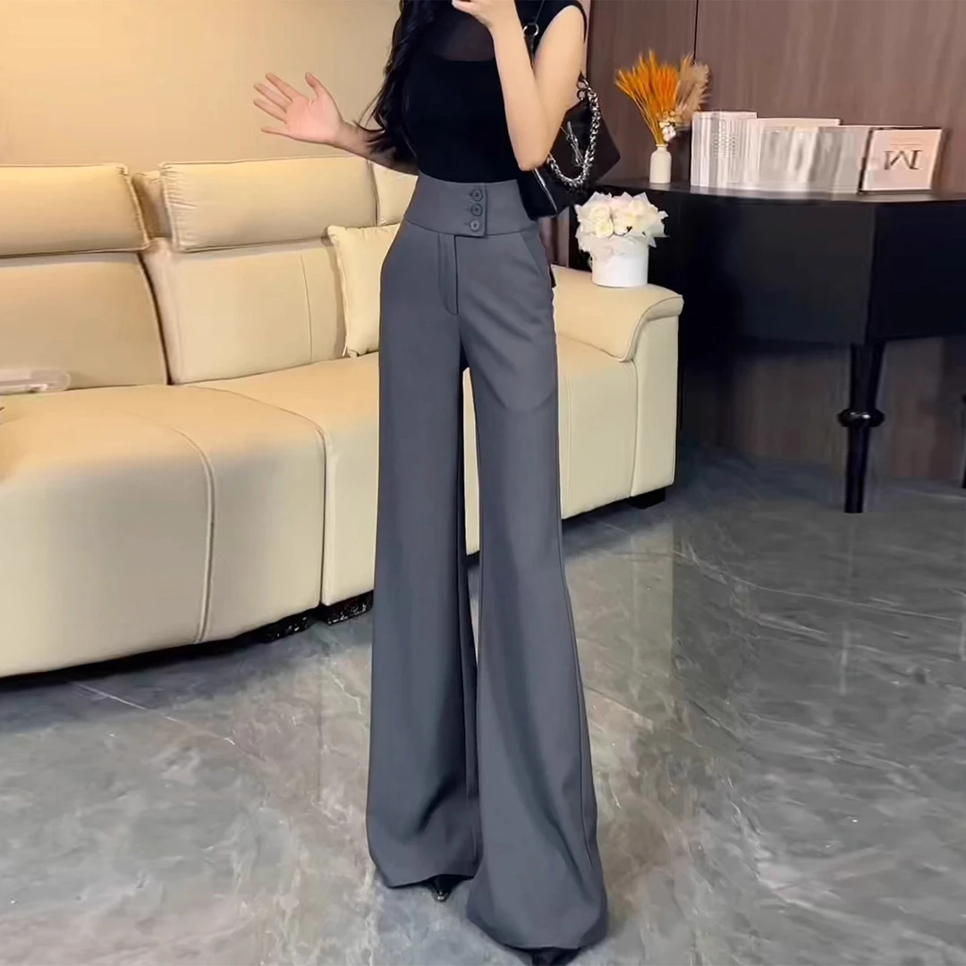 灰色排扣高腰微喇西装裤女夏薄款2025新款气质垂感不贴腿喇叭长裤