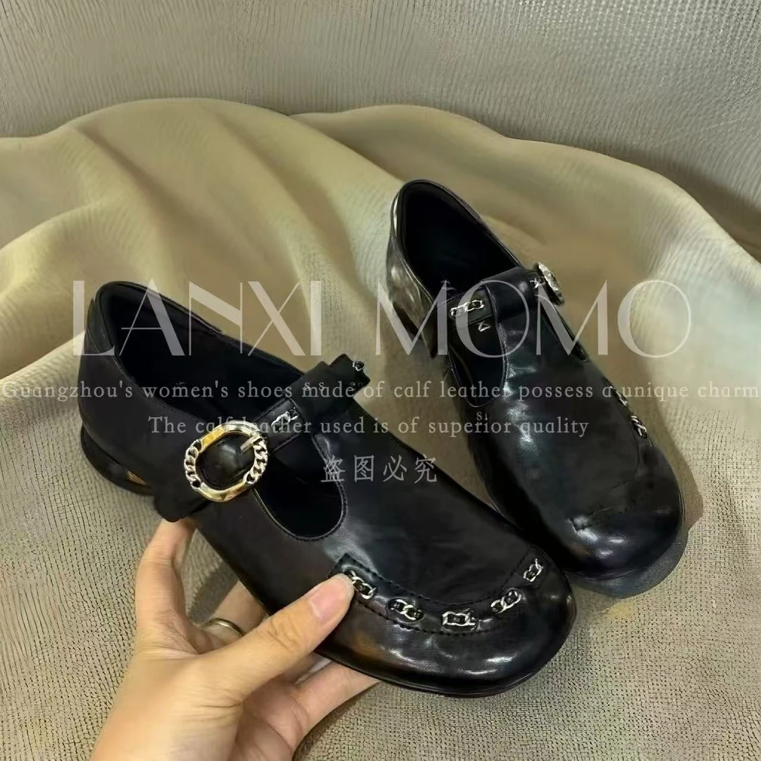 【茜妍】时尚百搭女士黑色真皮平底英伦风小单鞋25DX563LX