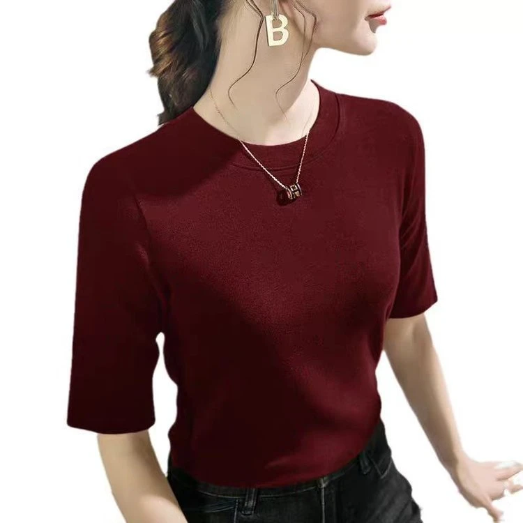 恒源祥彩羊2025早秋新款时尚洋气减龄圆领纯色弹力五分袖打底上衣