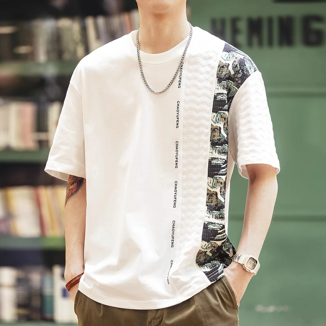 2025年高端碎花拼接短袖T恤男夏季潮流宽松圆领半袖休闲印花上衣