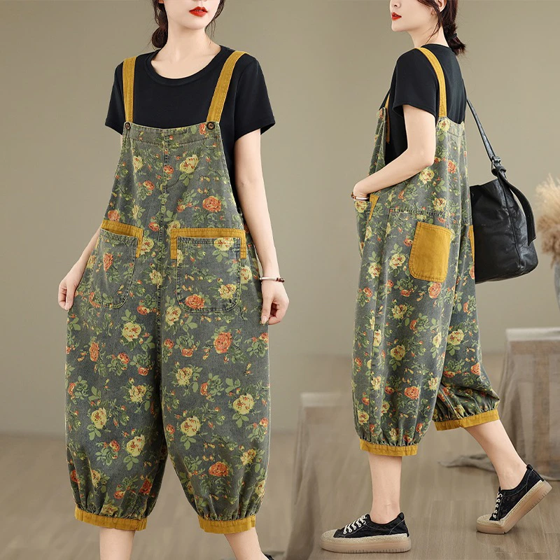 【软牛仔】夏季新款时尚个性印花牛仔背带裤宽松大码休闲七分裤女