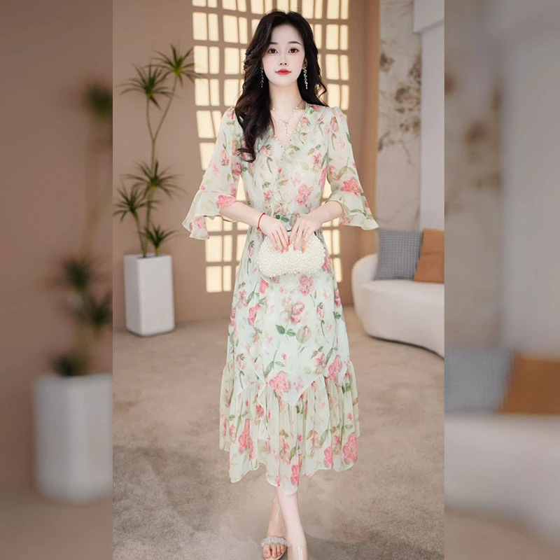 【千羽定制】温柔风碎花连衣裙2025年夏季气质显瘦荷叶边鱼尾裙子