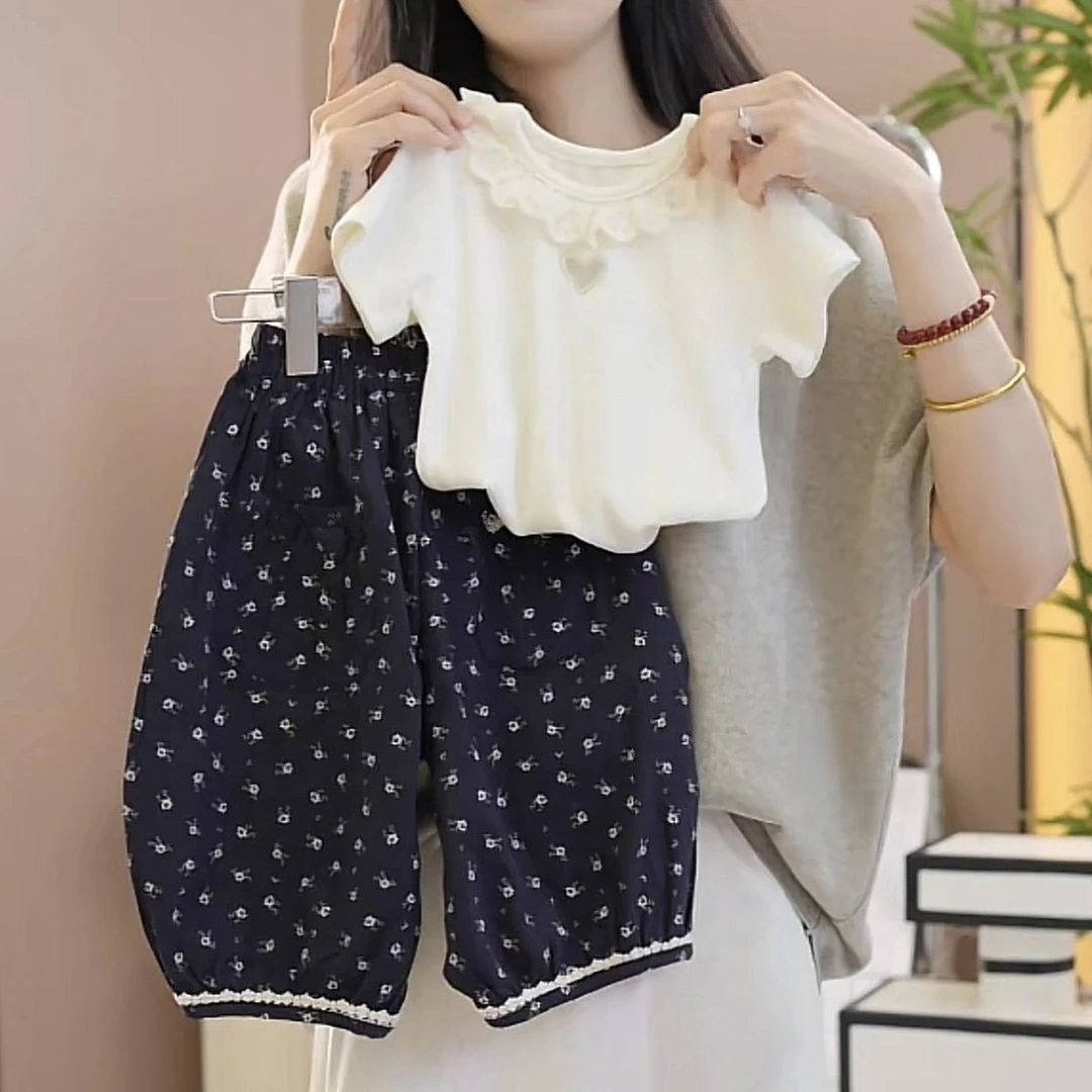 女宝宝夏季短袖套装2025新款女童夏天T恤灯笼裤长裤防蚊裤俩件套