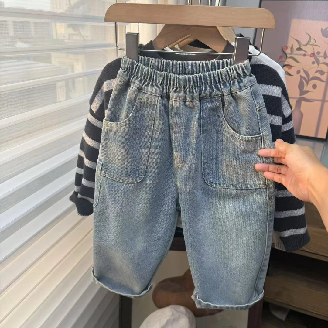软牛仔~韩版儿童休闲牛仔裤2025秋冬男女童宝宝洋气哈伦牛仔裤潮