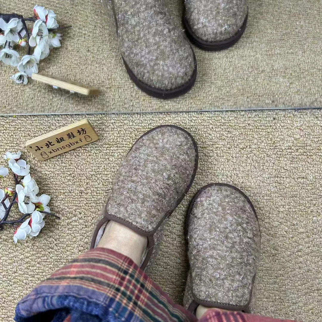 小北妞冬季新款小香风毛呢面包鞋千层底透气软底女棉花鞋冬季棉鞋