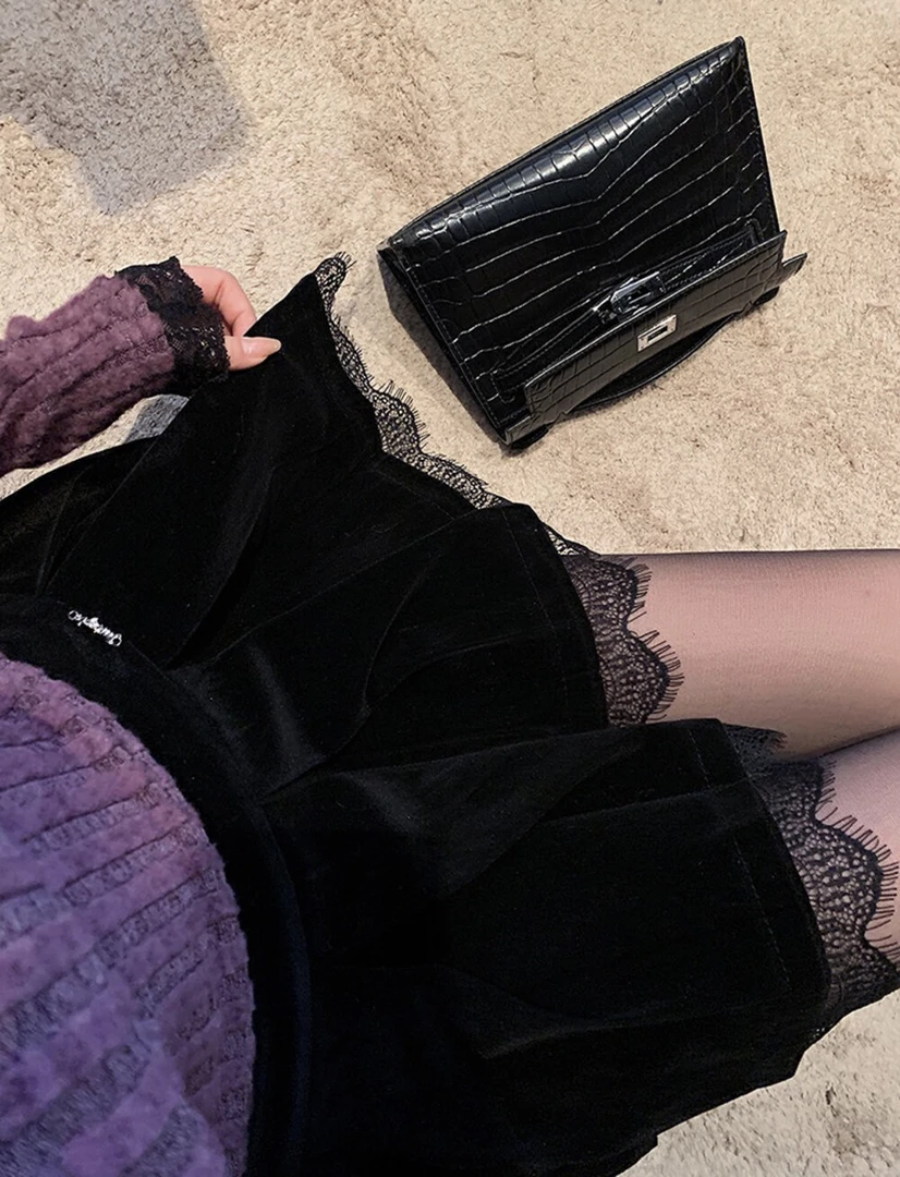 （海狮）设计感拼接黑色蕾丝百显瘦蛋糕裙半身裙