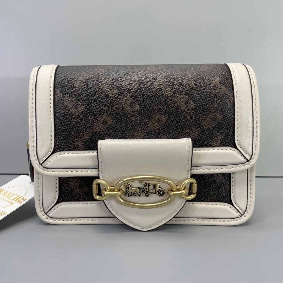 90新 COACH/蔻驰 hero18白拼黑马车斜挎包白色18*14*7cmE041407