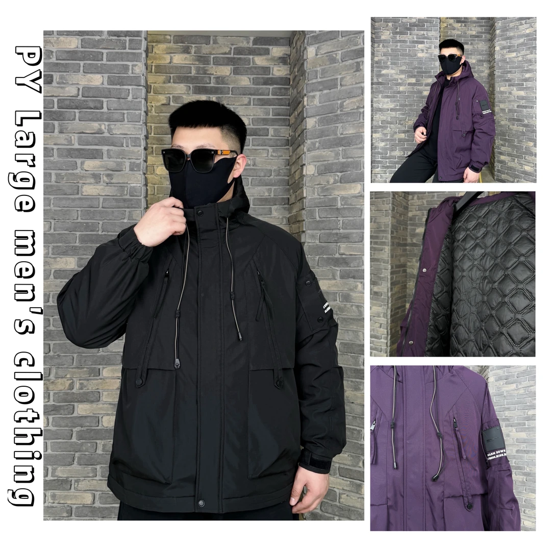 胖语大码男装 2024冬季新款工装风工装拼接连帽休闲棉服88982#S