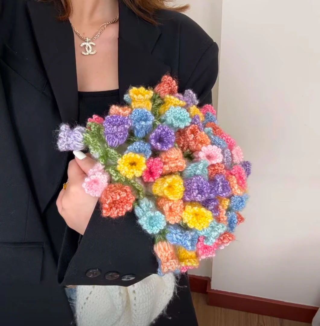 铃兰玫瑰花束毯子diy材料包毛线钩针钩织手工彩色玫瑰花束毯子