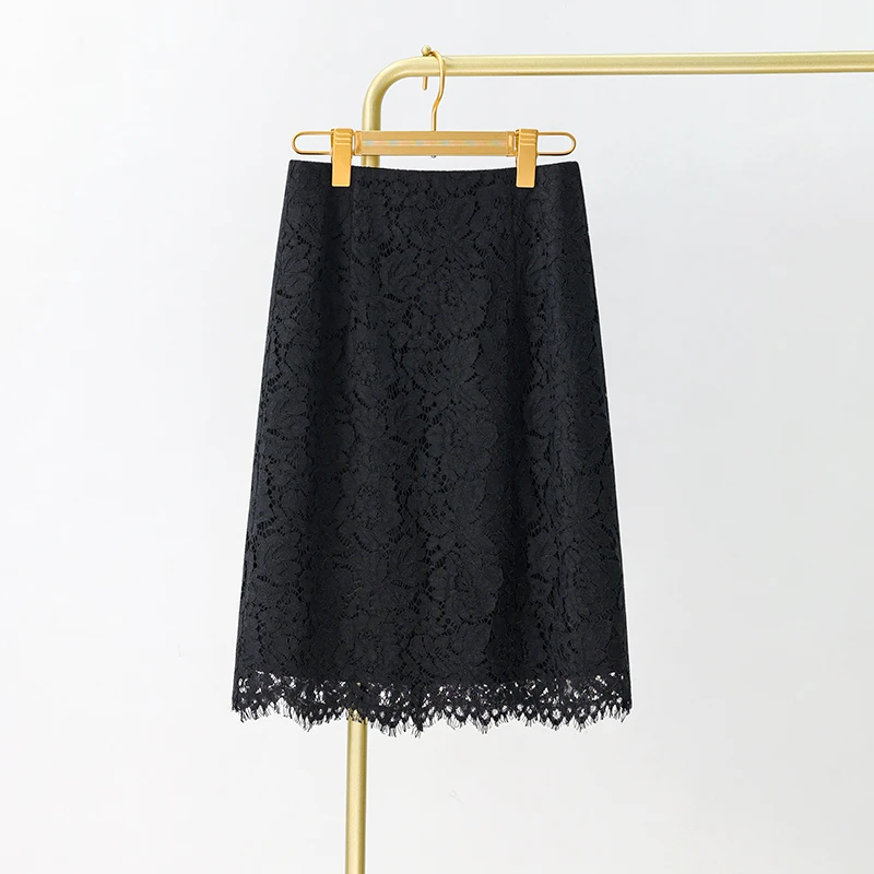 高腰显瘦黑色蕾丝半身裙2025夏季新款高级感a字裙中长款镂空裙子