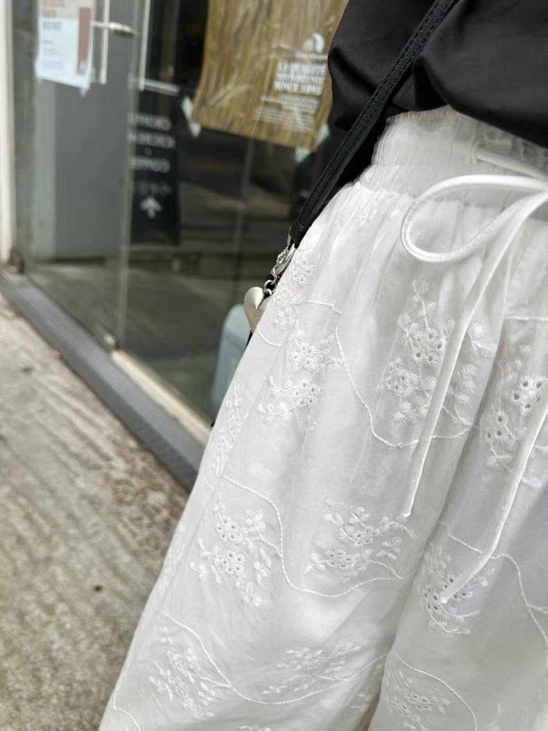 （韩代）夏日轻薄骨蕾丝镂空休闲清冷新中式9分不裤重工夏季