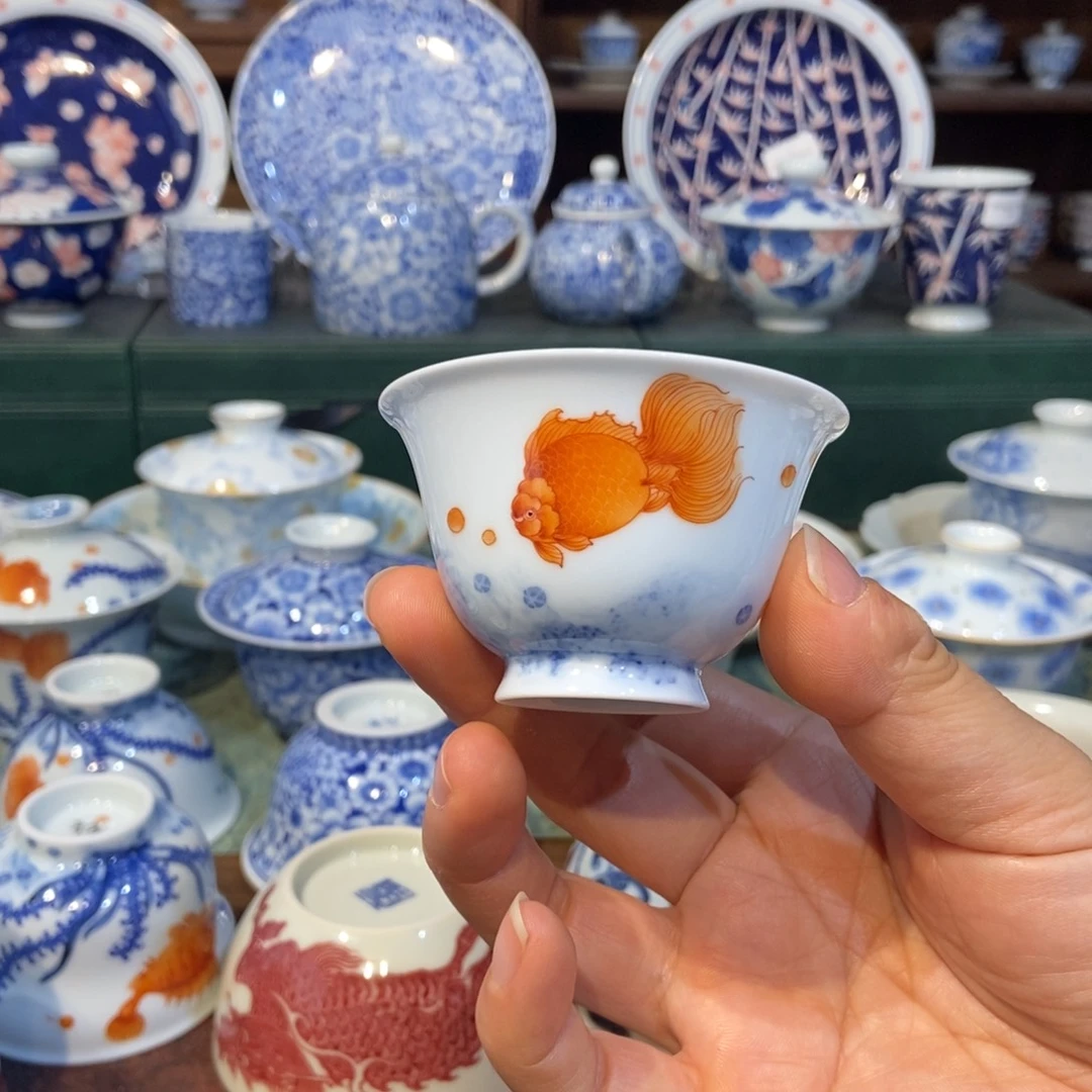 w雪山春晓矾红金鱼小炉式杯