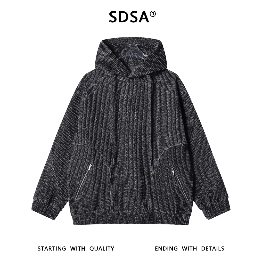 SDSA男士秋冬新款痞帅男装潮牌拉链口袋抽绳连帽卫衣百搭时尚上衣