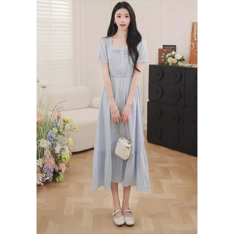 鹿向南【香影海岸】法式气质连衣裙2025夏季新款方领长裙