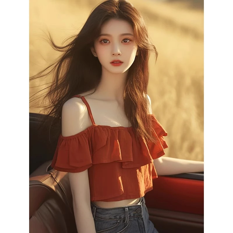红色雪纺衫女士短袖2025新款夏季独特漂亮小衫短款一字肩吊带上衣