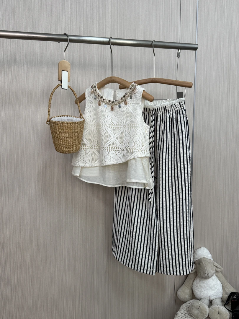 儿童夏季条纹两件套女童民族风纯色背心女孩森系T恤防蚊长裤