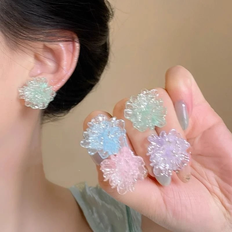 小清新冰透彩色花朵耳钉女甜美小众设计耳环日常百搭高颜值耳饰品