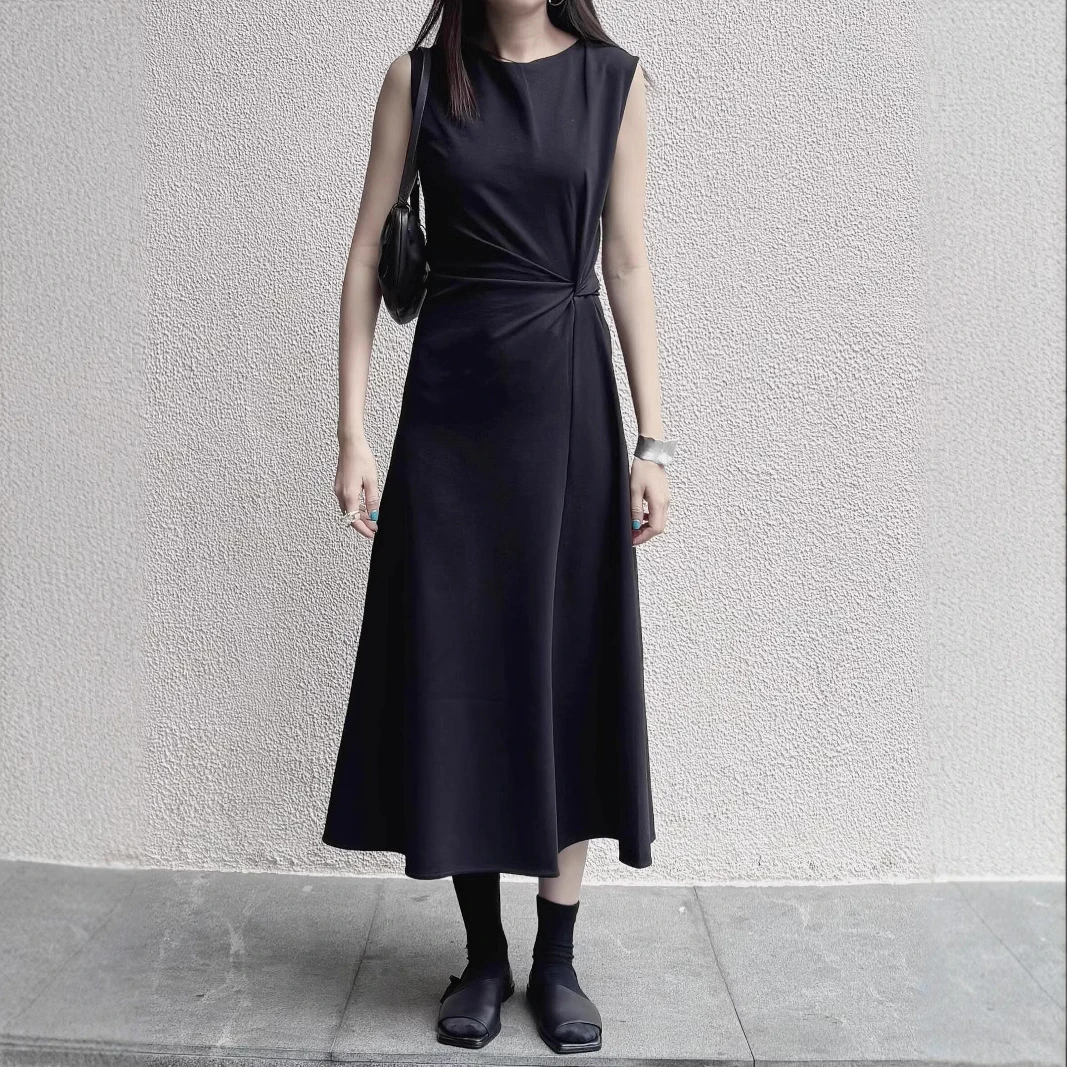 家标准版型围裹式扭结连衣裙黑色女无袖收腰裙25春季新款