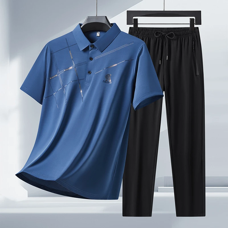 高档爸爸夏装短袖套装冰丝中老年时尚男士夏季衣服夏天老人两件套