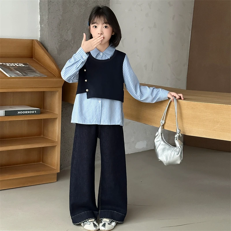 女童牛仔套装春秋新款女孩衬衫假两件韩版休闲童装衣服秋装两件套