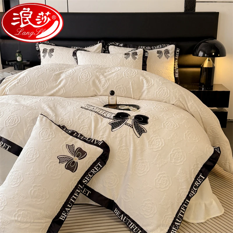 浪莎冬季公主风床上四件套牛奶珊瑚绒花边被套加绒加厚床单床品三