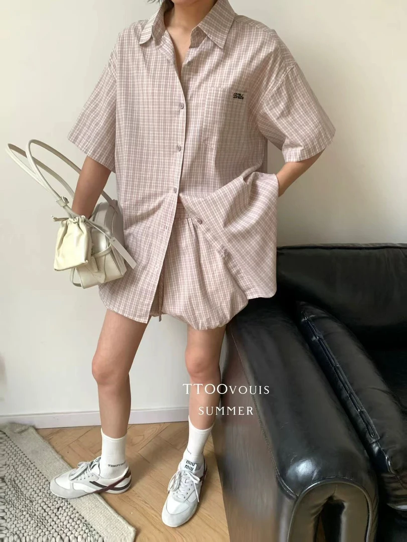 格子花苞休闲格子套装