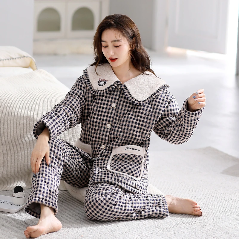 睡衣女秋冬季加厚纯棉格子可外穿夹棉袄三层保暖高级感家居服套装