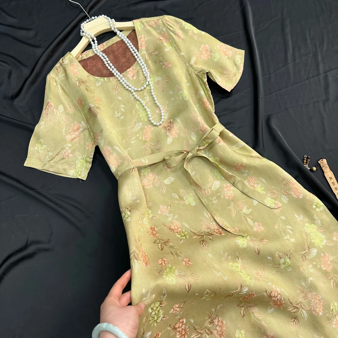 3001宽松腰新中式连衣裙礼服设计师少女时尚蕾丝长款显瘦复古日常
