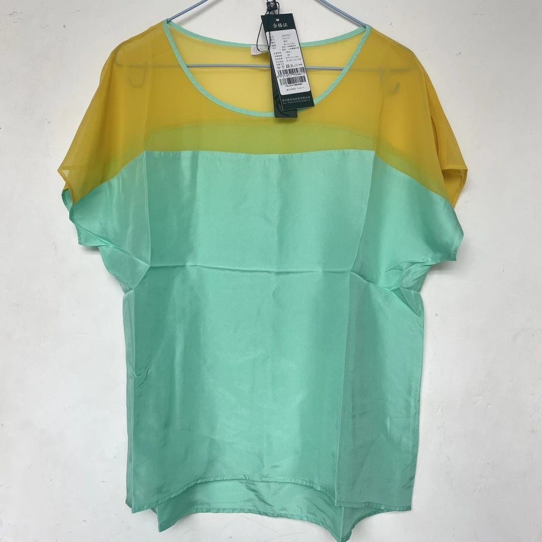 特价真丝上衣基础款短袖衣服撞色拼接款连袖衫蝙蝠衫超低特价