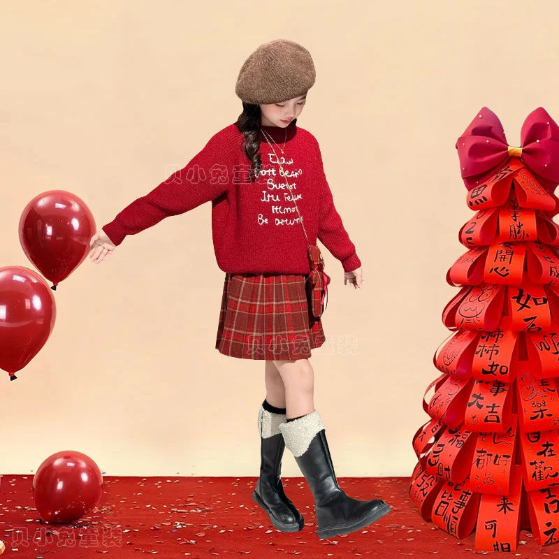 过年战衣套装新款女童喜庆拜年服韩版毛衣百褶裙秋冬季女孩两件套