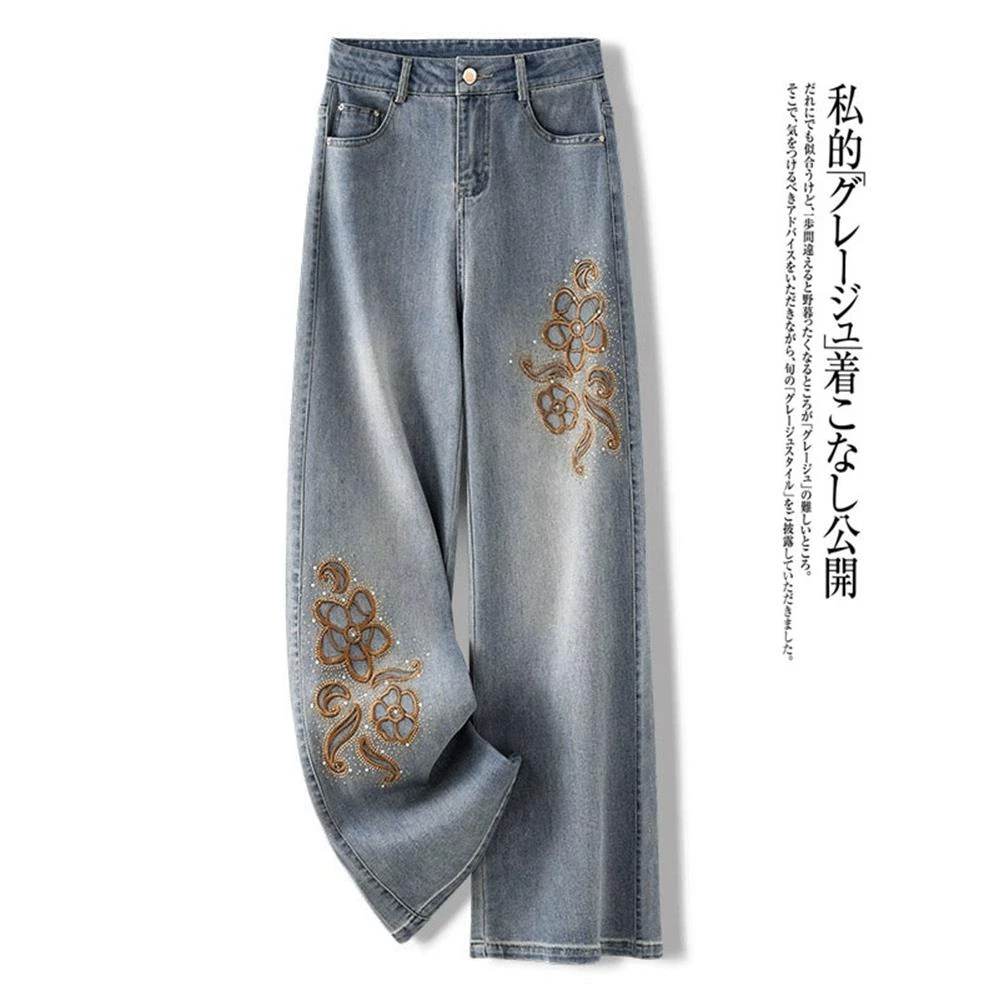 新中式国风牛仔裤女春季2025新款爆款宽松显瘦直筒裤刺绣阔腿裤