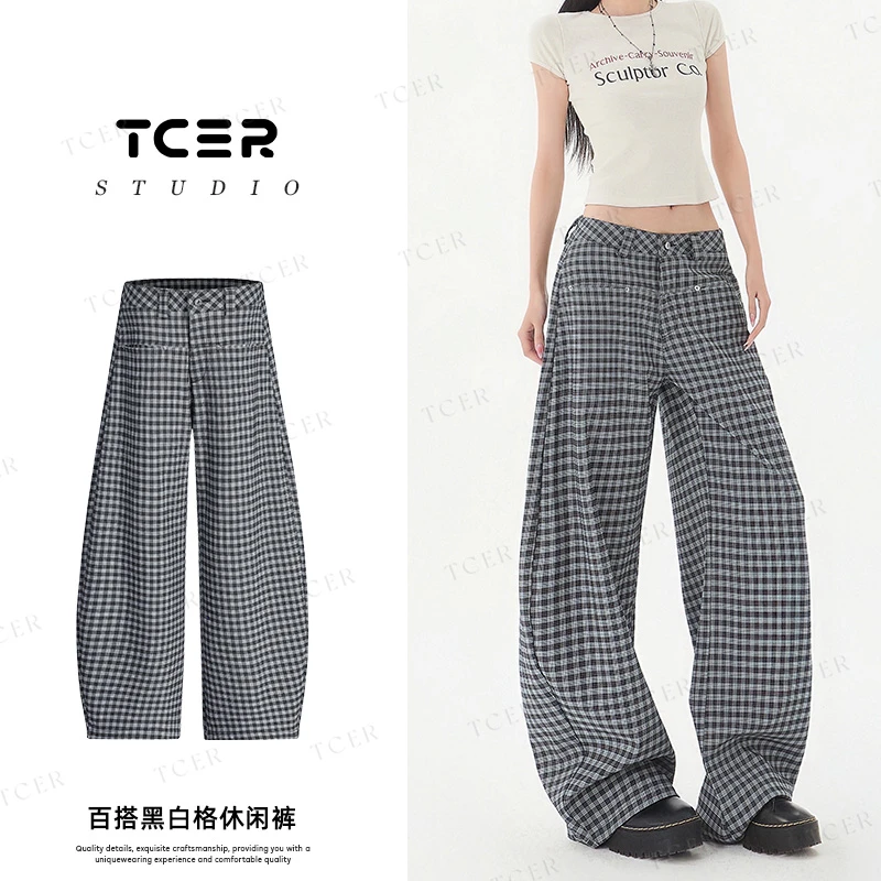 TCER新款美式复古黑白格子弯刀裤女松弛感慵懒休闲宽松阔腿裤