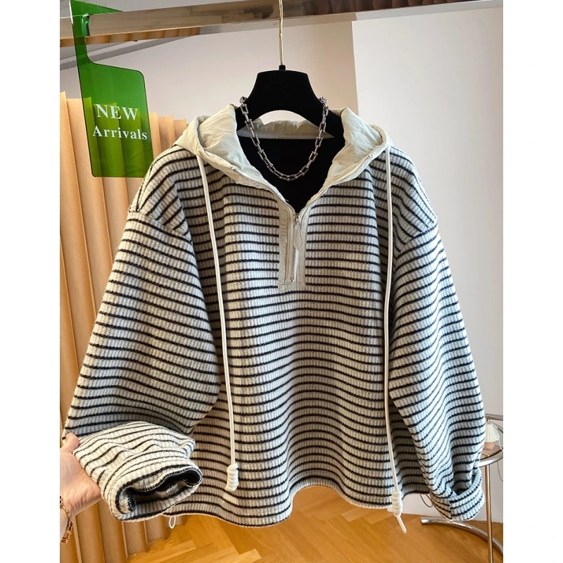 高级感条纹连帽加绒卫衣女秋冬2025新款宽松独特别致超好看上衣