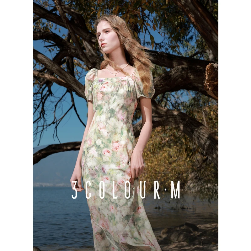 三彩2025春季新款晕染印花连衣裙法式大方领度假荷叶边长裙M