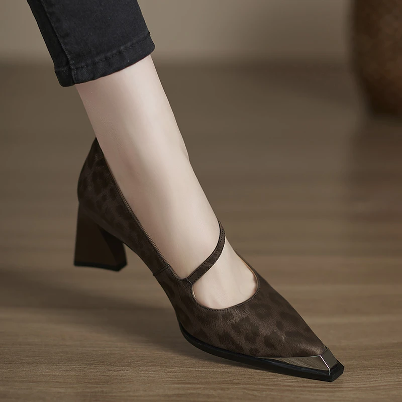 小个子手工女鞋6.5cm~法式复古尖头豹纹玛丽珍粗跟单鞋气质高跟鞋