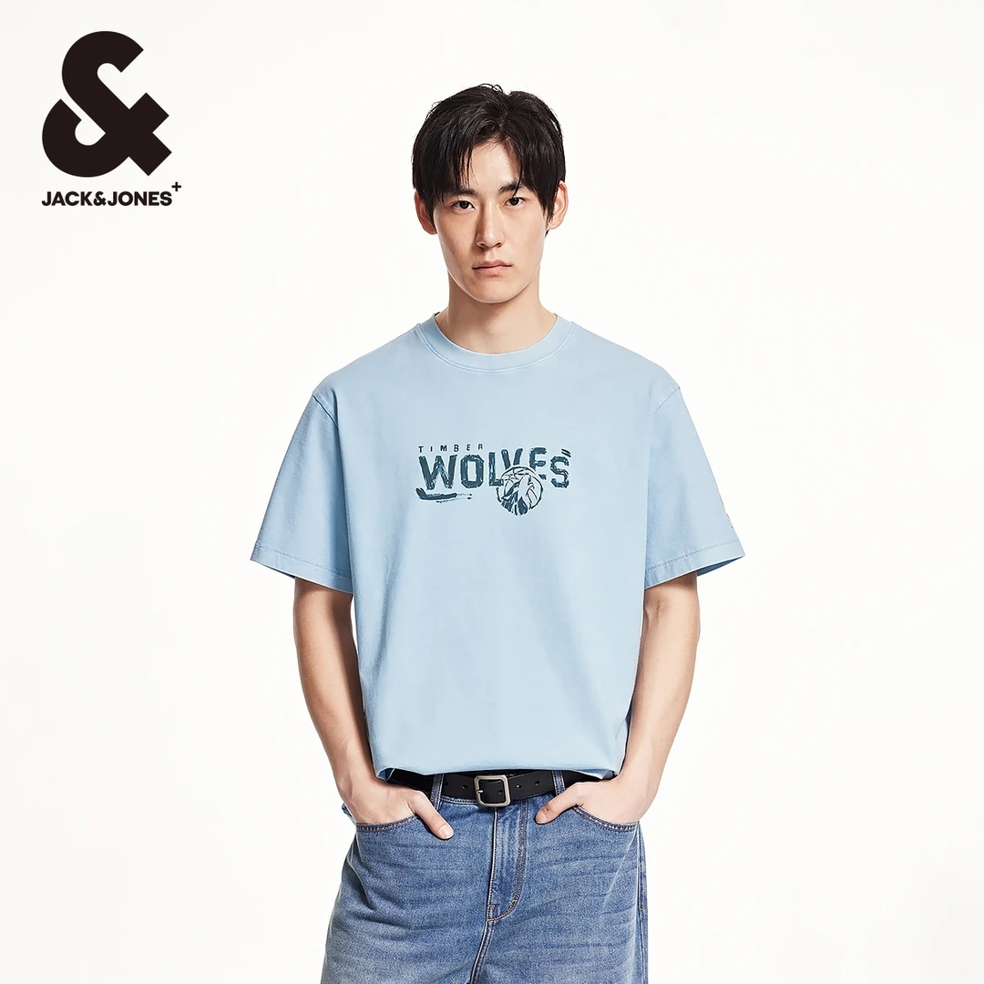 杰克琼斯NBA联名款明尼苏达森林狼队字母印花纯棉宽松短袖T恤男装