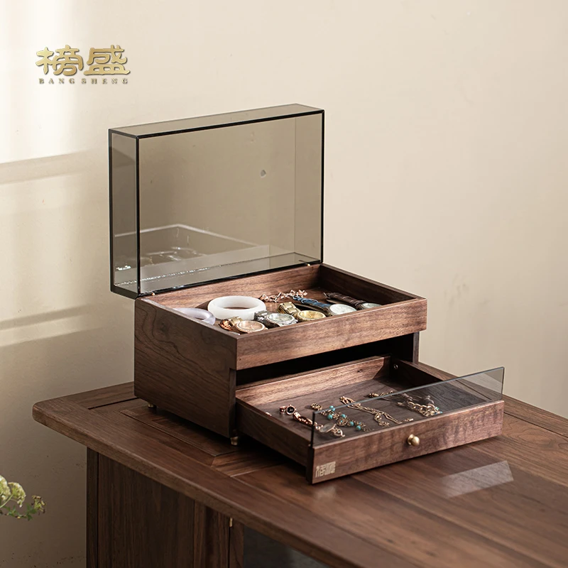 榜盛胡桃木收纳盒带盖防尘实木中式茶空间功夫茶具置物架茶道配件