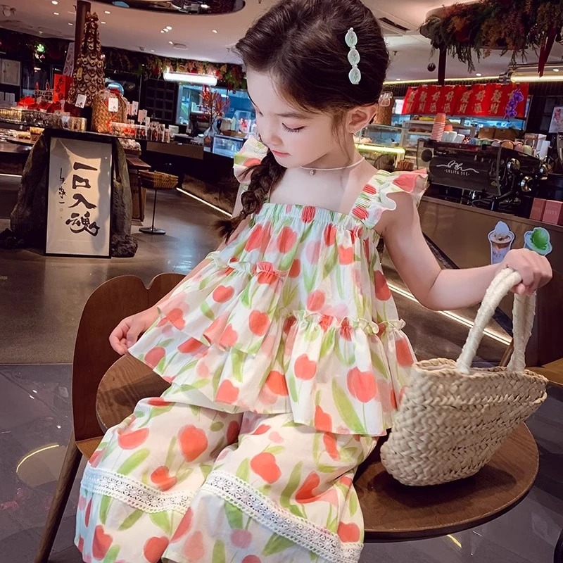 童装女孩公主吊带薄款碎花休闲风网红上衣套装韩版女夏季两件套潮