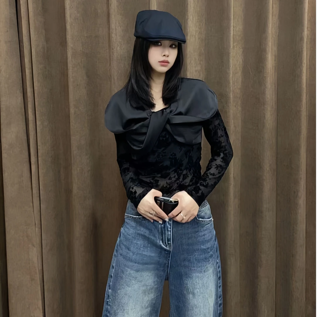 法式高级围肩打底女V领洋气百搭网纱拼接衬衫春季辣妹性感上衣