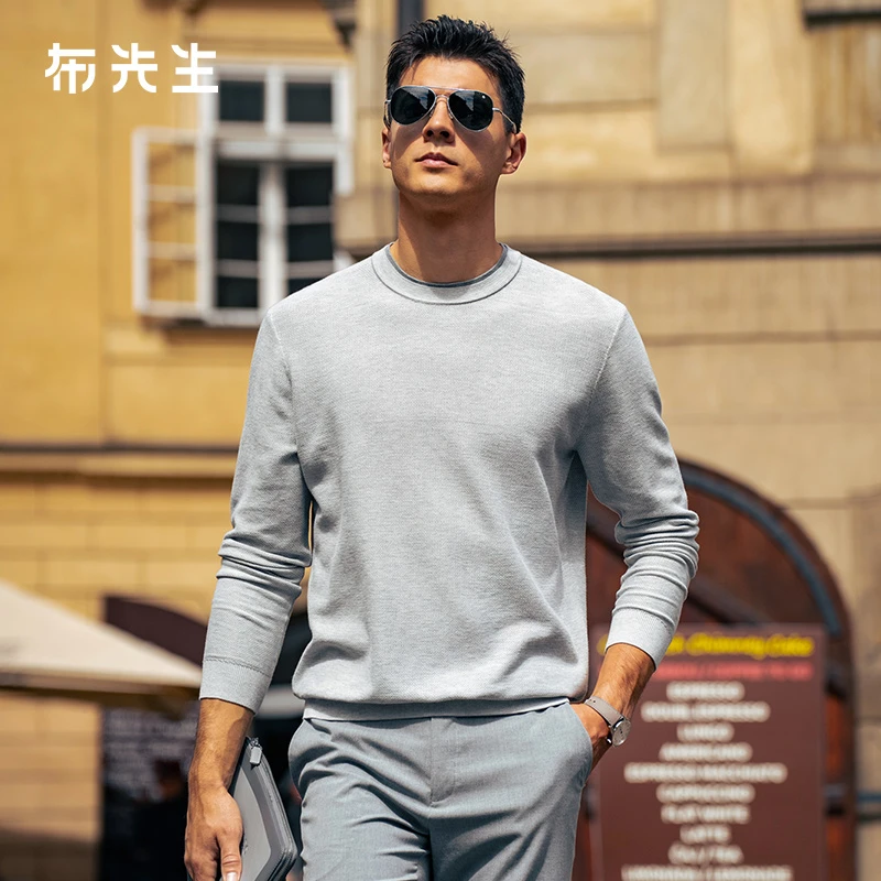 Mr.Bu布先生柔软亲肤长袖针织T双层领设计圆领秋季男上衣BT16883