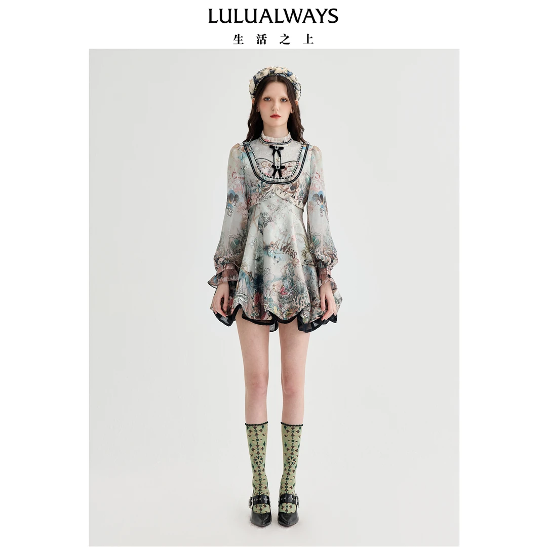 LULUALWAYS【商场同款】25春季新款法式复古优雅气质收腰连衣裙女