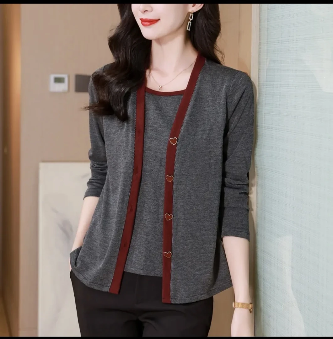 0475#爱心扣假两件上衣女衬衫气质百搭洋气时尚显瘦春秋