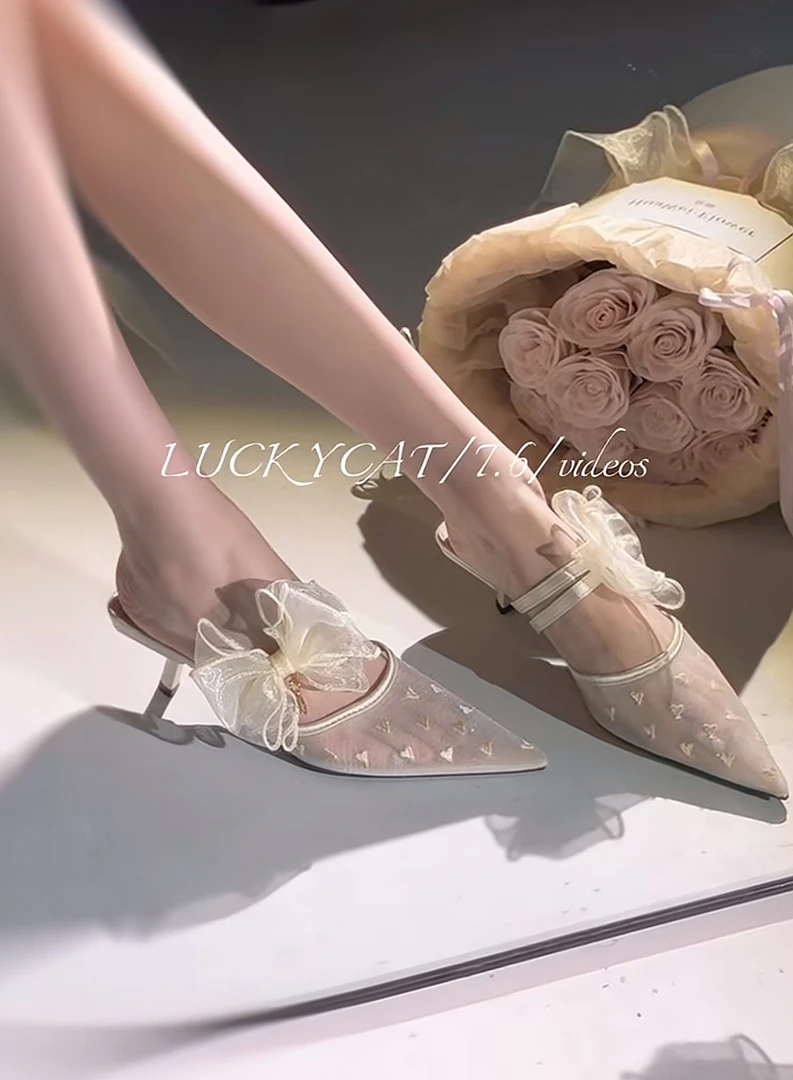 LUCKYCAT 法式蝴蝶结懒人浅口单鞋女夏季气质尖头坡跟凉拖鞋外穿