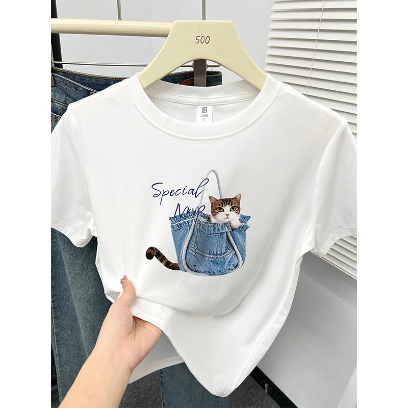 小猫印花圆领短袖T恤女夏季新款韩版通勤时尚显瘦正肩小个子上衣