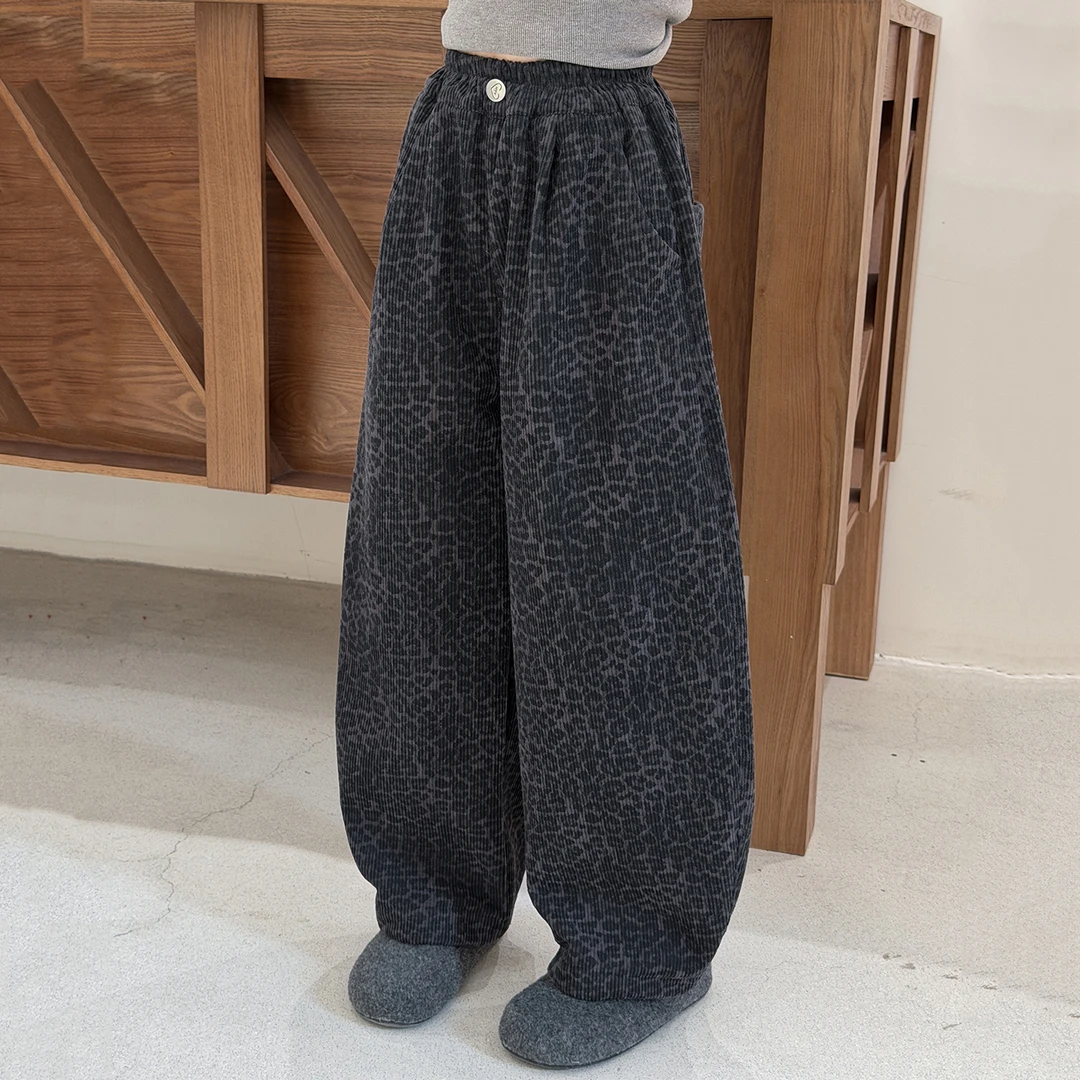 儿童冬装女童灯芯绒豹纹裤子加绒加厚秋冬款一体绒直筒裤冬季棉裤