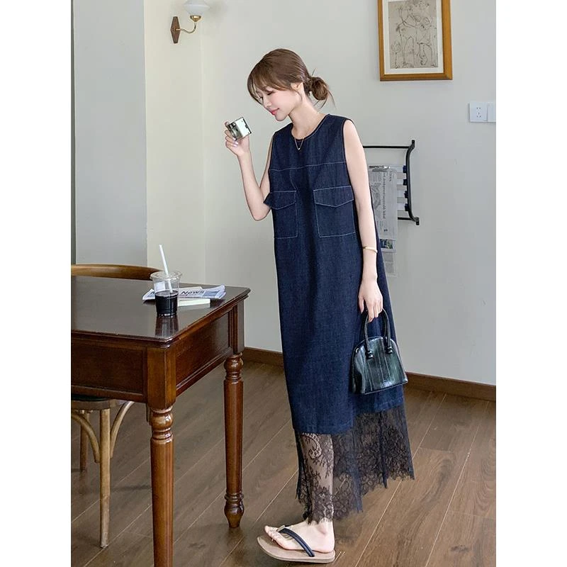 蓝色牛仔蕾丝拼接背心裙女2025年夏季新款时尚独特绝美超火连衣裙