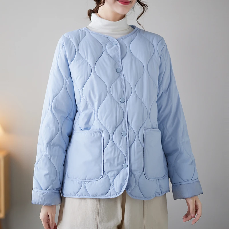 宽松百搭小棉袄棒球服双口袋设计棉衣外套保暖蓝色长袖夹棉棉服女