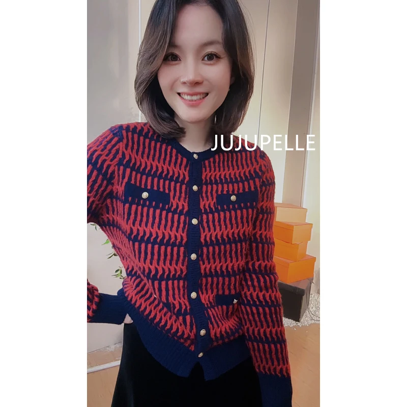 2025春秋冬新款双色拼接小香风毛衣针织开衫时尚复古打底衫女菱格