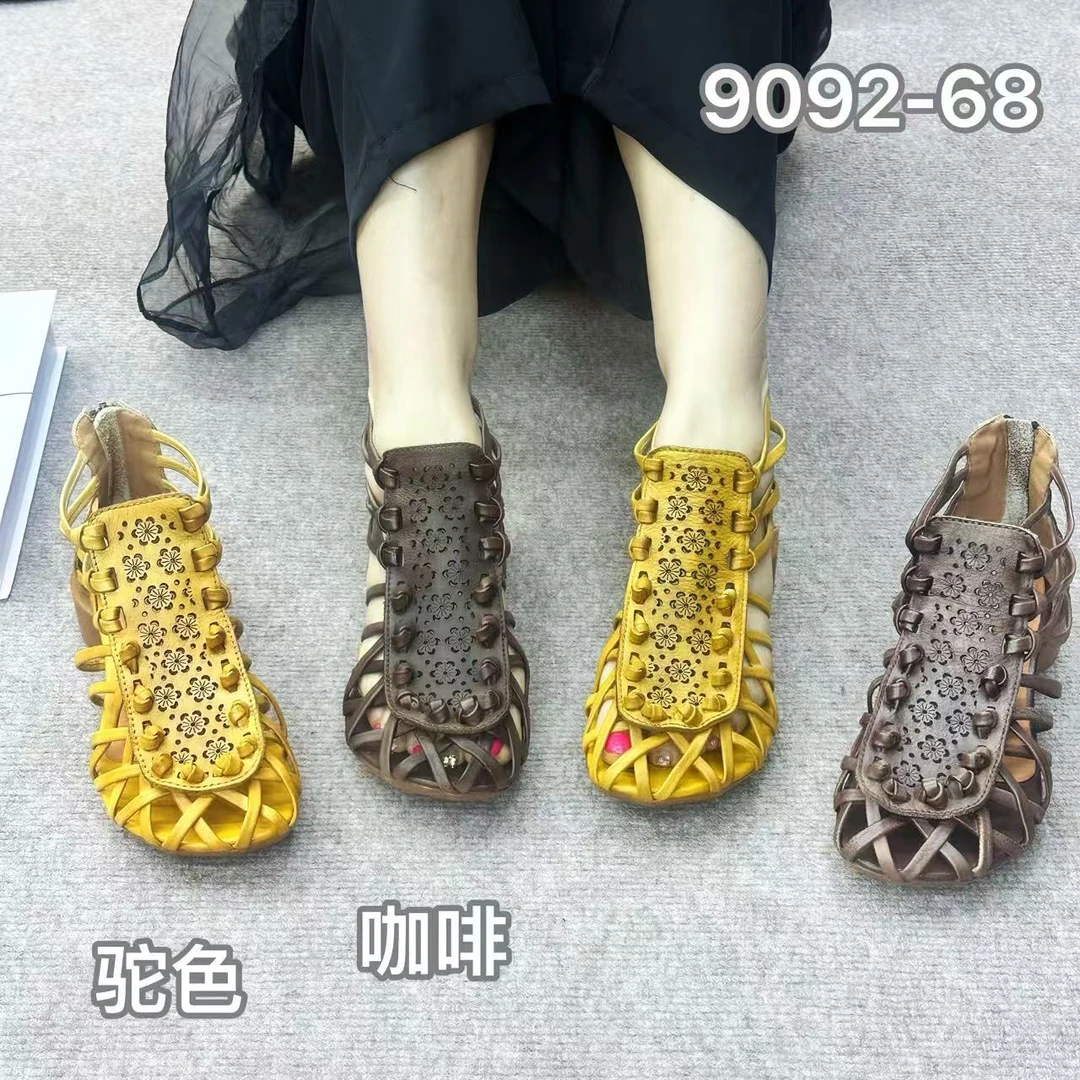 露趾中帮后拉链舒适罗马凉鞋百搭女士时尚透气纯手工编织牛皮